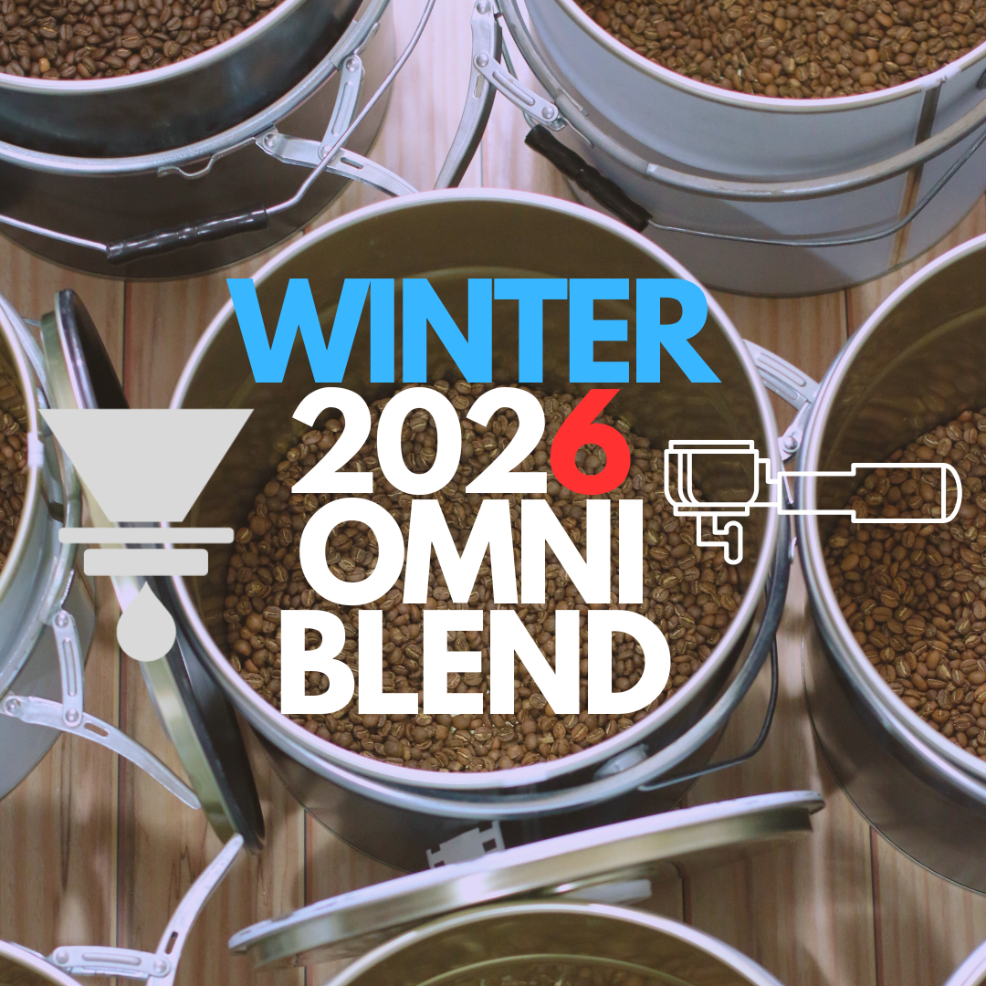 A promotional image for a winter coffee blend subscription service in Sydney, featuring fresh coffee beans and cozy elements.