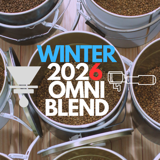 A promotional image for a winter coffee blend subscription service in Sydney, featuring fresh coffee beans and cozy elements.  